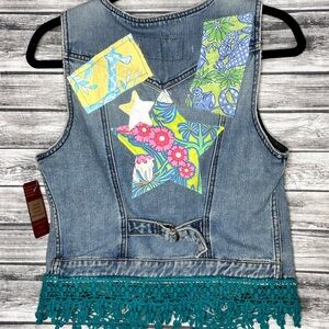 UpCycled Recycled Handmade Reworked Vintage Dyed Lace Denim Vest Gypsy Western
